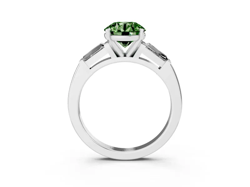 Fancy Green Round Cut Diamond Solitaire Ring Set in Silver with Tapered Baguette Side Stones and Prong Setting