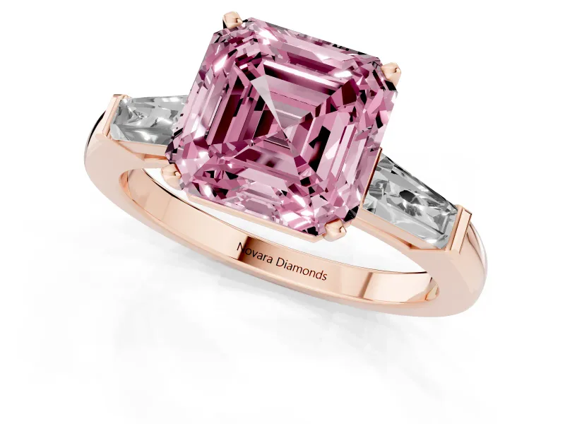 Fancy Pink Asscher Cut Diamond Solitaire Ring Set in Rose gold with Tapered Baguette Side Stones and Prong Setting