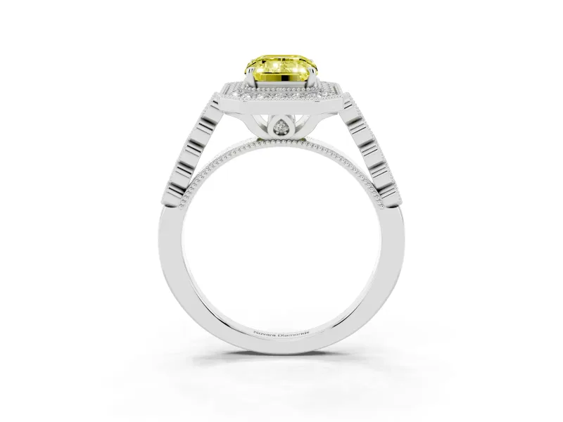 Emerald Cut Graduated Milgrain Halo Engagement Ring Setting for a Fancy Yellow Lab-Grown Diamond | Sterling Silver