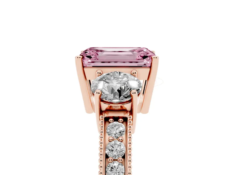 Emerald Cut Three Stone Engagement Ring Setting for a Fancy Pink Lab-Grown Diamond | Graduated Pave Band | Rose Gold