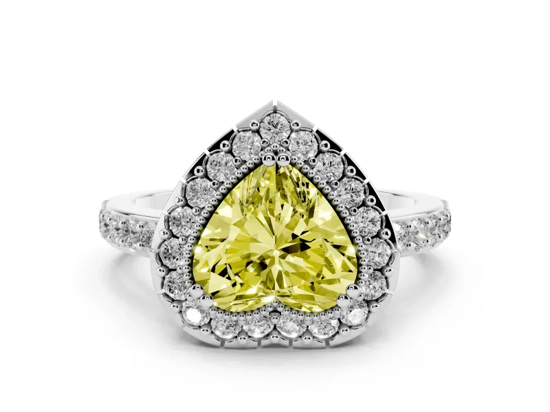 Fancy Yellow Heart Cut Diamond Halo Ring Set in Platinum with Pavé Shank and Prong Setting
