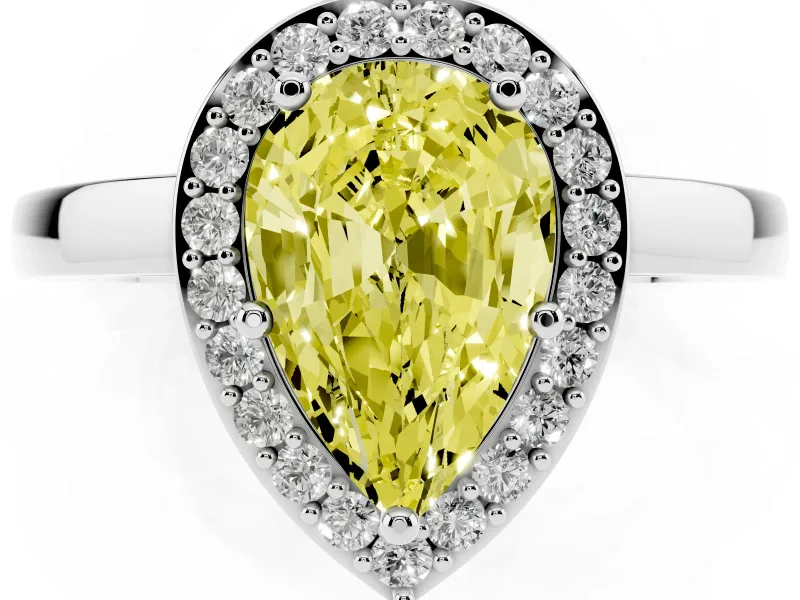 Fancy Yellow Pear Cut Diamond Halo Ring Set in White gold with Solitaire Band and Prong Setting