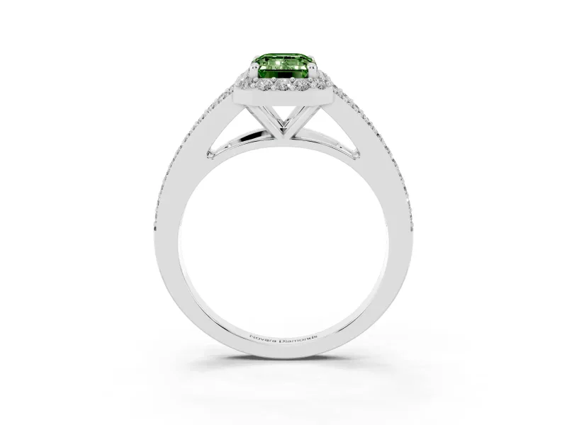 Emerald Cut Halo Engagement Ring Setting for a Fancy Green Lab-Grown Diamond | V-Split Pavé Band | White Gold