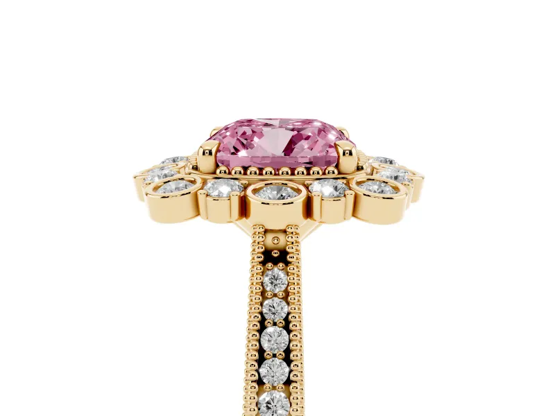 Fancy Pink Cushion Cut Diamond Halo Milgrain Pavé Ring Set in Yellow gold with Prong Setting