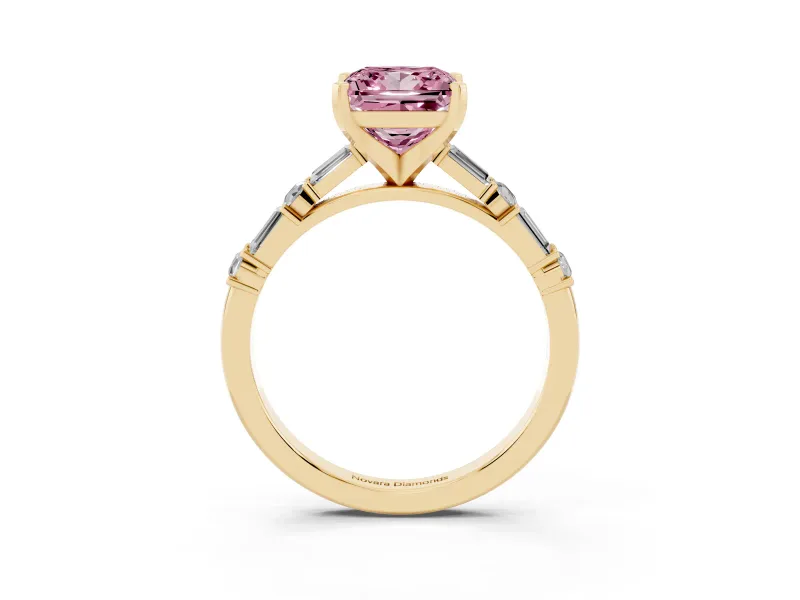 Fancy Pink Princess Cut Diamond Solitaire Set in Yellow gold with Side Baguettes and Channel Set Band