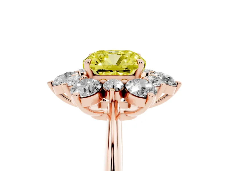 Cushion Cut Cluster Halo Engagement Ring Setting for a Fancy Yellow Lab-Grown Diamond | Rose Gold