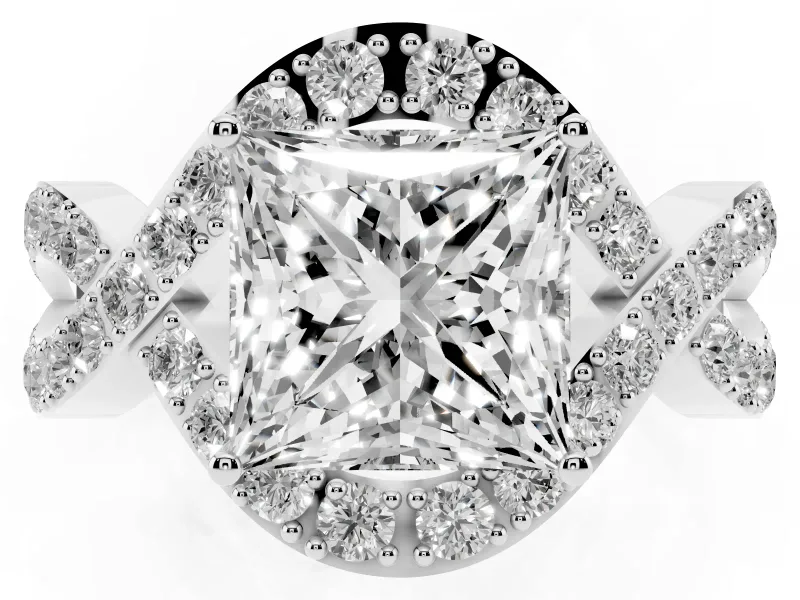 Princess Cut Diamond Solitaire Twist Band Pavé Engagement Ring Set in Platinum