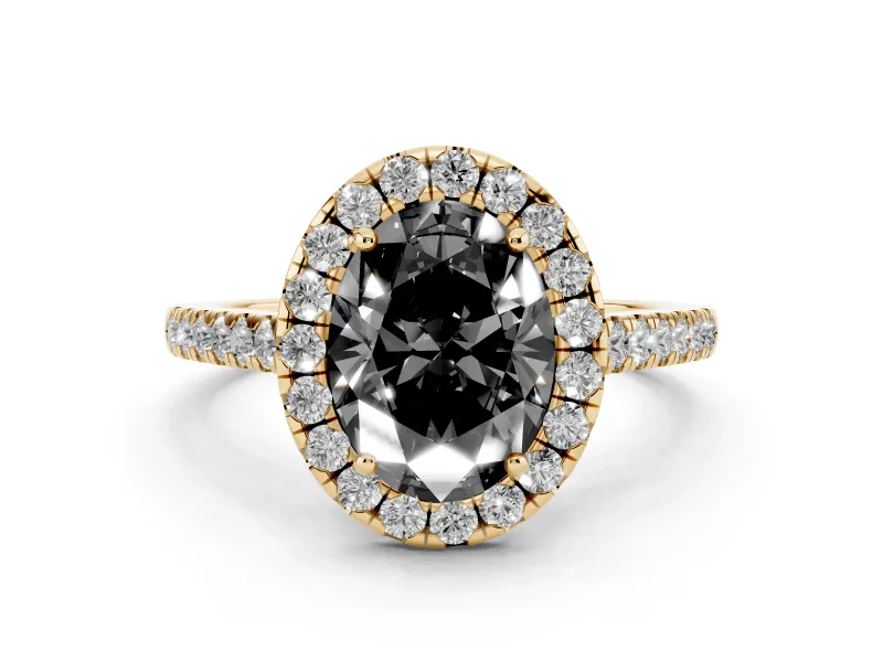 Fancy Black Oval Cut Diamond Halo Pavé Engagement Ring Set in Yellow gold with Prong Setting