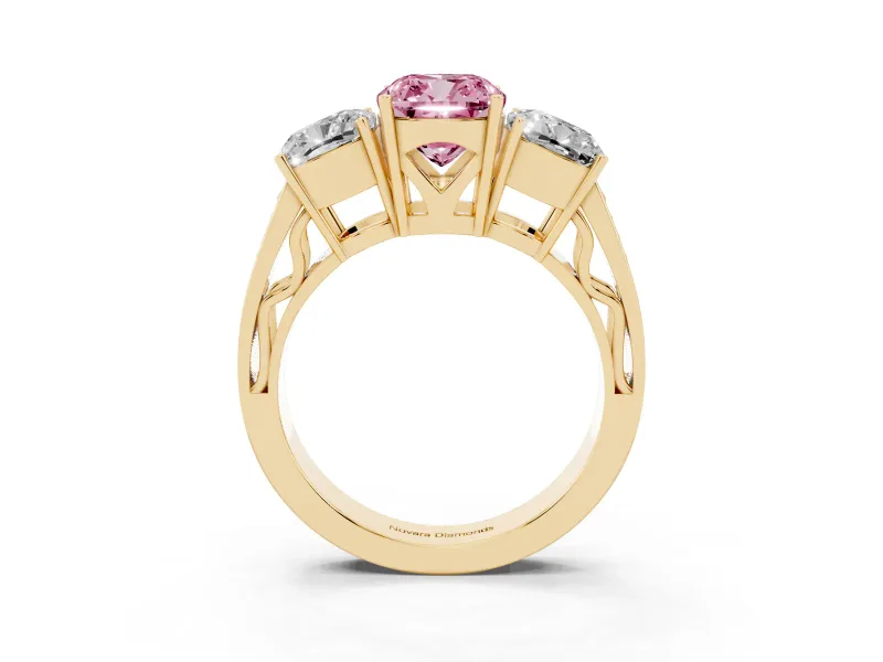 Fancy Pink Cushion Cut Diamond Three-Stone Ring Set in Yellow gold with Textured Band