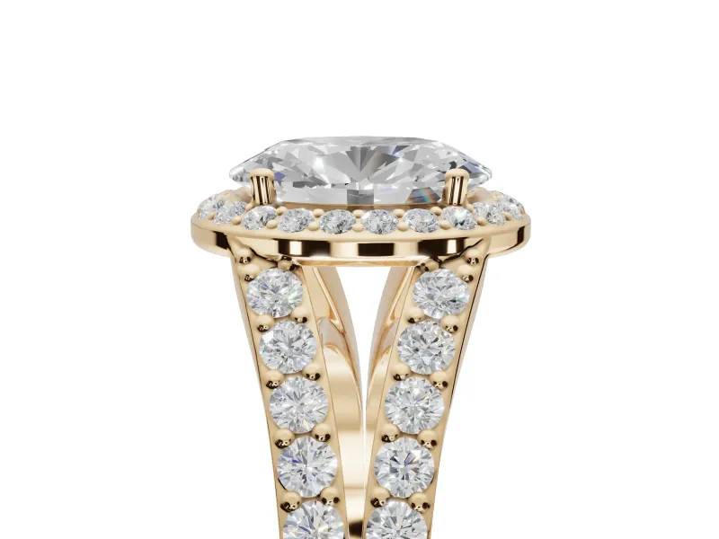Oval Halo Pavé Engagement Ring Setting | Narrow Split Shank | Yellow Gold