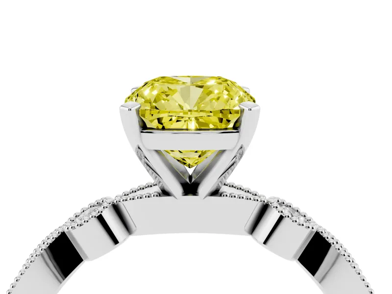 Fancy Yellow Cushion Cut Diamond Solitaire Engagement Ring Set in Platinum with Milgrain Bezel Accent Band