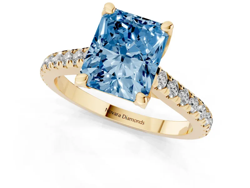 Radiant Cut Hidden Halo Pave Engagement Ring Setting for a Fancy Blue Lab-Grown Diamond | Claw Prongs | Yellow Gold
