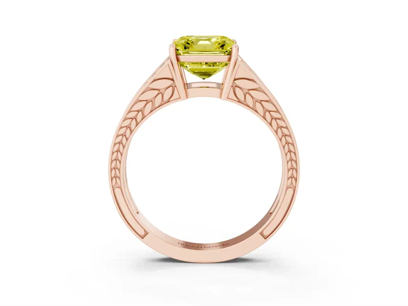 Fancy Yellow Asscher Cut Diamond Split Shank Ring Set in Rose gold with Pavé Band and Prong Setting