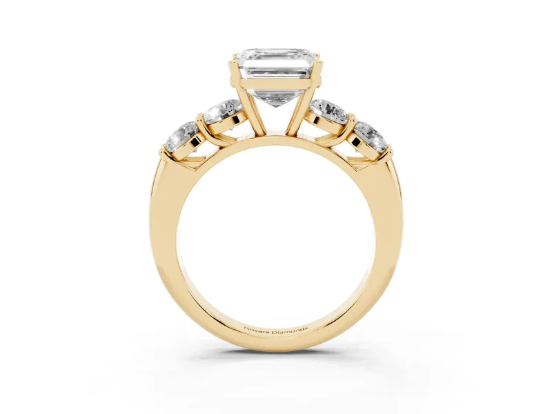 Asscher Cut Five Stone Engagement Ring Setting | Prong Set Side Stones | Yellow Gold