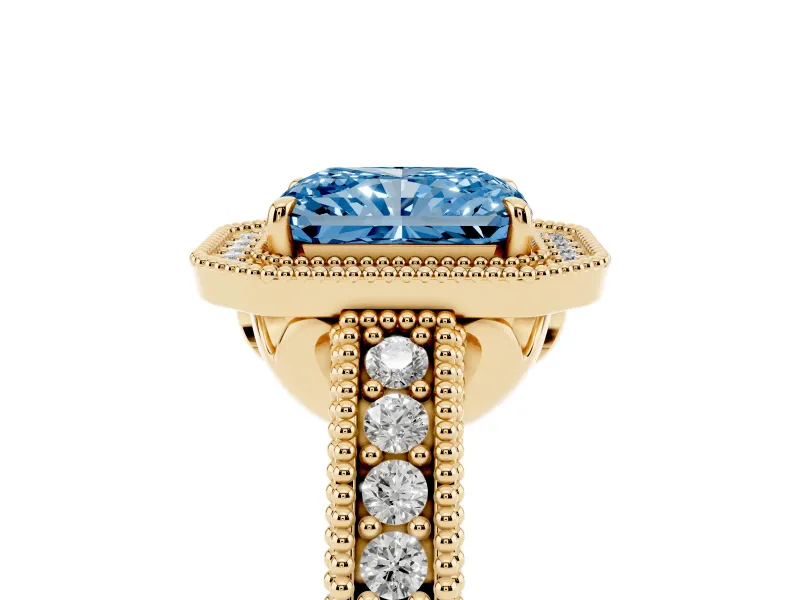 Radiant Cut Milgrain Halo Engagement Ring Setting for a Fancy Blue Lab-Grown Diamond | Carved Leaf Detail | Yellow Gold