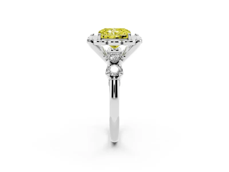 Fancy Yellow Radiant Cut Diamond Floral Halo Ring Set in Silver with Shared Prong Band