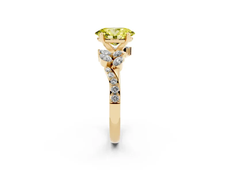 Fancy Yellow Oval Cut Diamond Solitaire Ring Set in Yellow gold with Marquise Twist Band and Prong Setting