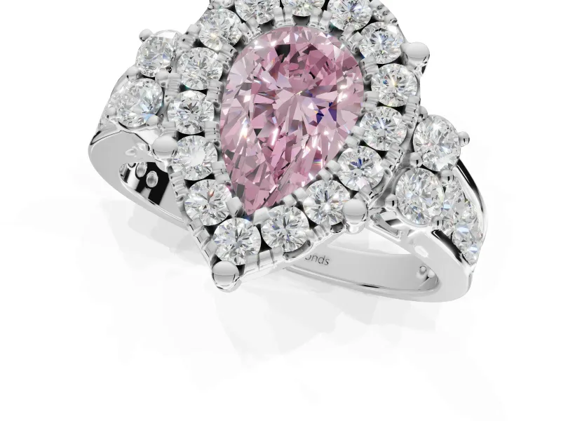 Pear-Shaped Halo Engagement Ring Setting for a Fancy Pink Lab-Grown Diamond | Graduated Channel Band | White Gold