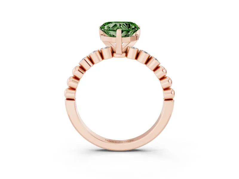 Fancy Green Heart Cut Diamond Solitaire Engagement Ring Set in Rose gold with Bezel Accents on Beaded Band
