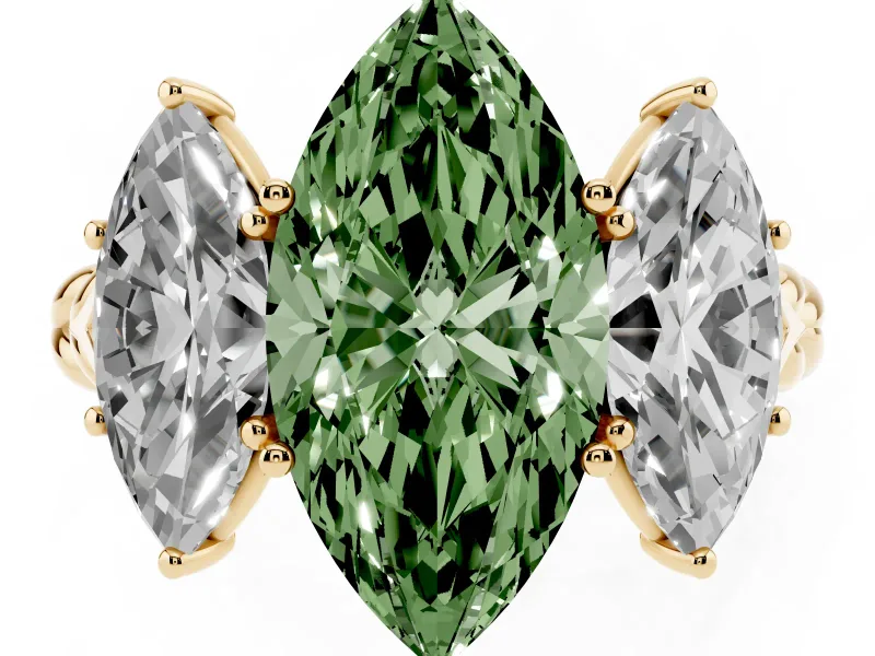 Fancy Green Marquise Cut Diamond Three-Stone Ring Set in Yellow gold with Braided Band