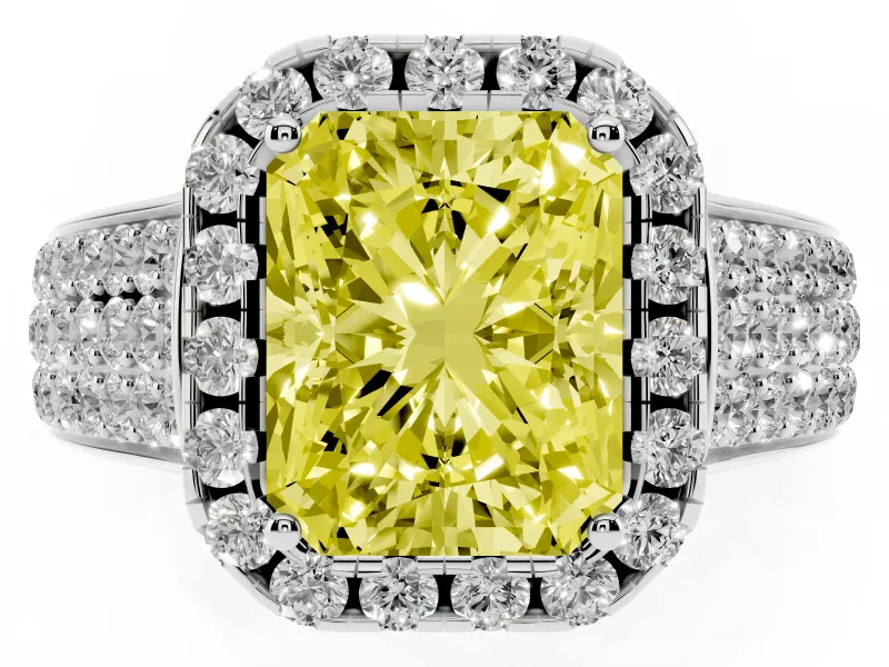 Radiant Cut Pavé Engagement Ring Setting for a Fancy Yellow Lab-Grown Diamond | Wide Three-Row Band | Sterling Silver