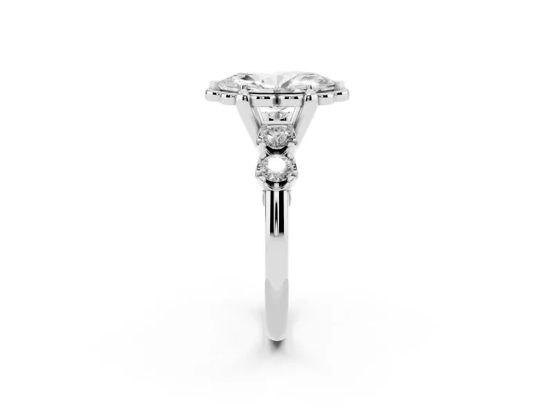 Marquise Floral Engagement Ring Setting | Petal Frame and Side Stones | Sterling Silver
