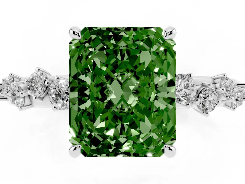 Fancy Green Radiant Cut Diamond Cluster Solitaire Ring Set in White gold with Prong Setting
