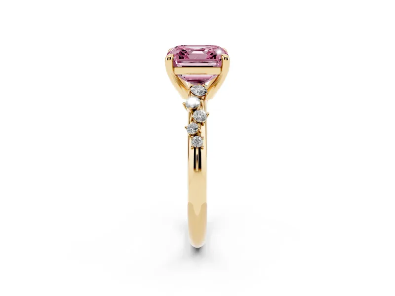 Fancy Pink Asscher Cut Diamond Solitaire Vine Band Ring Set in Yellow gold with Round Accents and Prong Setting