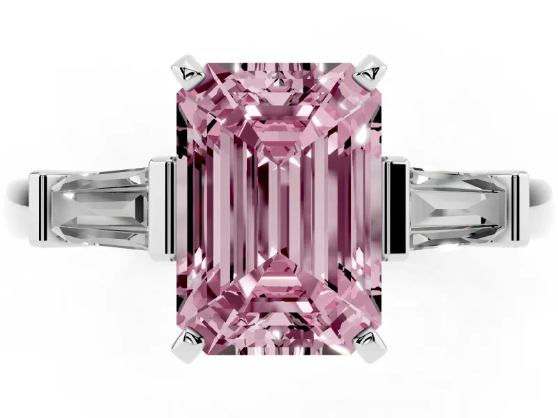 Fancy Pink Emerald Cut Diamond Solitaire Ring Set in Platinum with Tapered Baguette Accents and Prong Setting