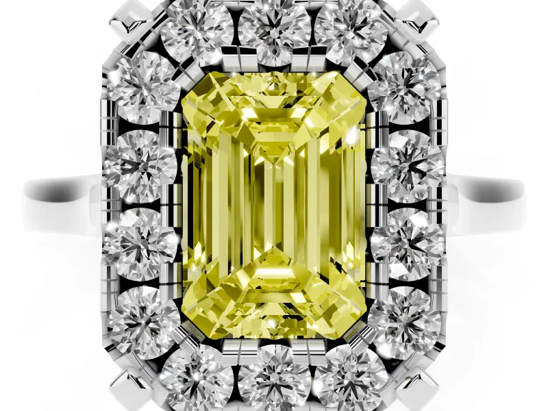Emerald Cut Claw Corner Halo Engagement Ring Setting for a Fancy Yellow Lab-Grown Diamond | Plain Band | Sterling Silver