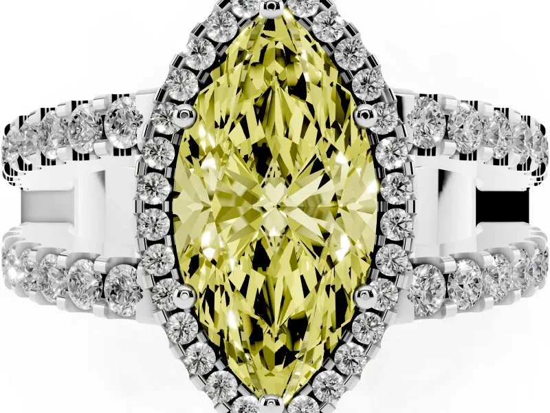Fancy Yellow Marquise Cut Diamond Halo Ring Set in White gold with Pavé Split Shank and Prong Setting