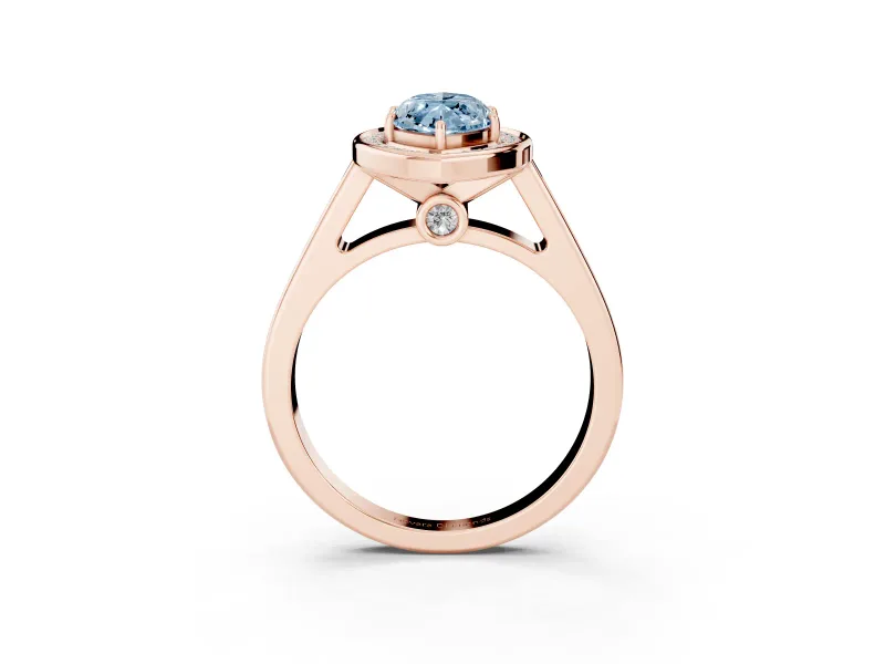 Fancy Blue Marquise Cut Diamond Halo Solitaire Ring Set in Rose gold with Pavé Band and Bezel Setting