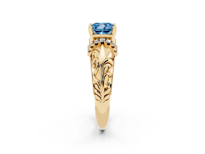 Fancy Blue Cushion Cut Diamond Filigree Halo Engagement Ring Set in Yellow gold with Prong Setting