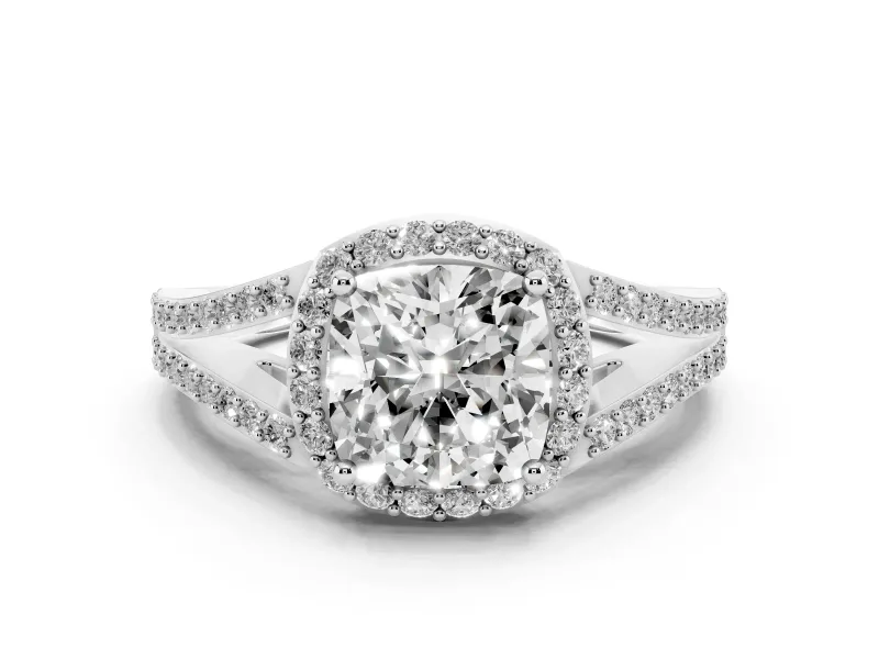 Cushion Cut Diamond Halo Split Shank Pavé Ring Set in Platinum with Prong Setting
