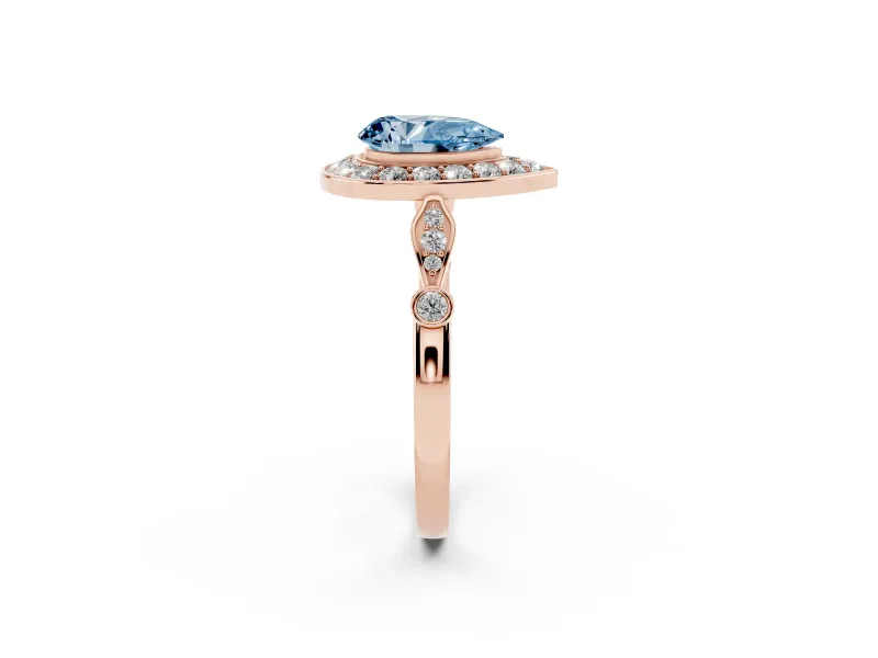 Fancy Blue Pear Cut Diamond Halo Engagement Ring Set in Rose gold with Twisted Band and Prong Setting