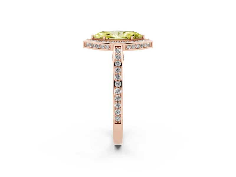 Fancy Yellow Marquise Cut Diamond Halo Pavé Split Shank Ring Set in Rose gold with Prong Setting
