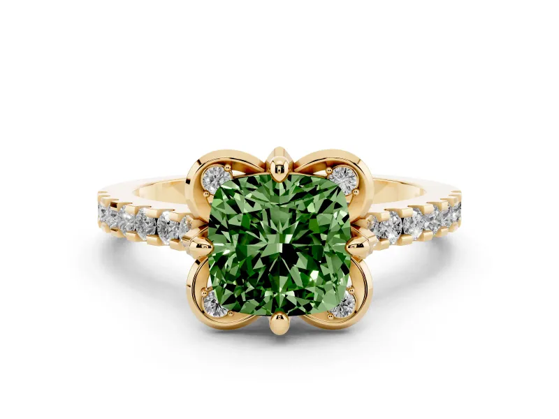 Fancy Green Cushion Cut Diamond Solitaire Ring Set in Yellow gold with Pavé Band and Floral Prong Setting