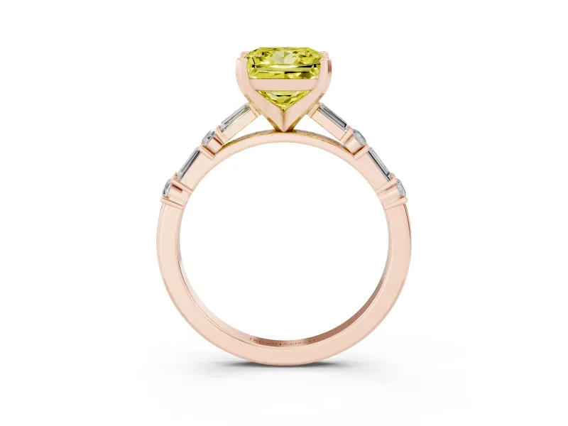 Fancy Yellow Princess Cut Diamond Solitaire Set in Rose gold with Side Baguettes and Channel Set Band