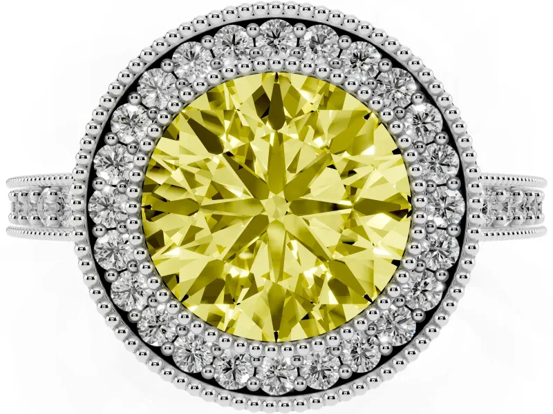 Fancy Yellow Round Cut Diamond Halo Engagement Ring Set in Silver with Pavé Band and Round Halo Stones