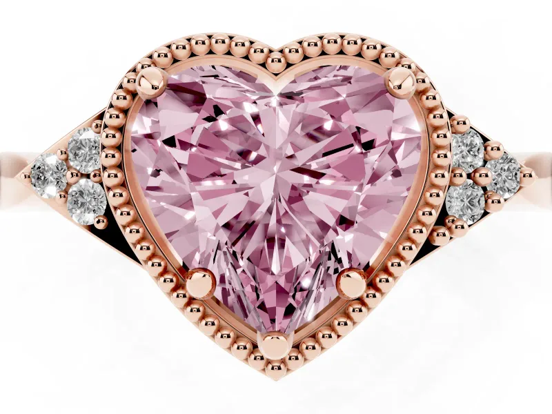 Fancy Pink Heart Cut Diamond Milgrain Solitaire Ring Set in Rose gold with Tapered Pavé Band and Prong Setting