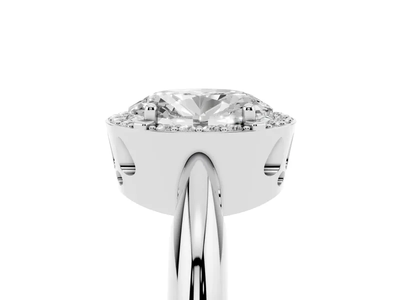 Oval Cut Diamond Halo Engagement Ring Set in Platinum with Plain Split Shank and Prong Setting