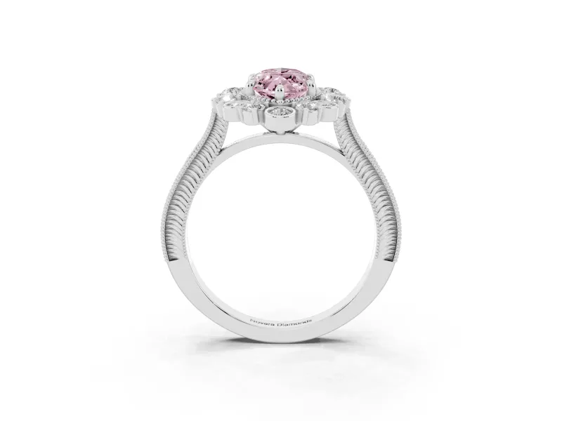 Fancy Pink Marquise Cut Diamond Halo Milgrain Pavé Ring Set in White gold with Prong Setting