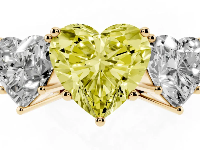 Heart-Shaped Three Stone Engagement Ring Setting for a Fancy Yellow Lab-Grown Diamond | Beaded Shoulders | Yellow Gold