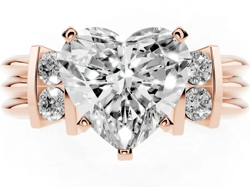 Heart-Shaped Bar-Set Accent Engagement Ring Setting | Grooved Band | Rose Gold