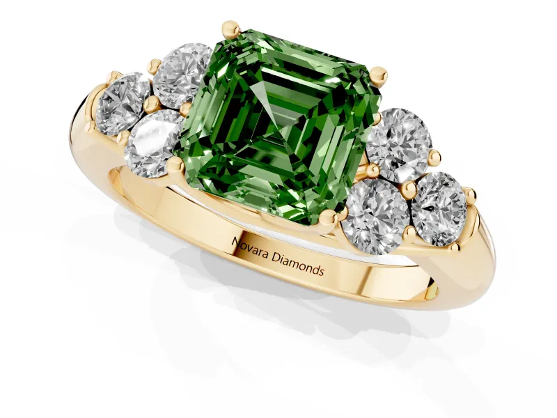Fancy Green Asscher Cut Diamond Cluster Ring Set in Yellow gold with Round Accent Stones and Prong Setting on a Plain Band