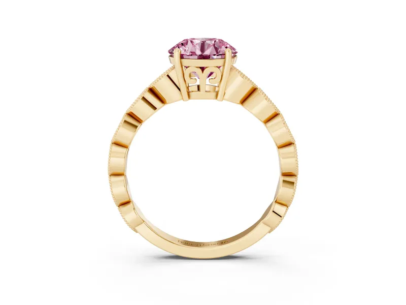 Fancy Pink Round Cut Diamond Solitaire Ring Set in Yellow gold with Infinity Twist Pavé Band