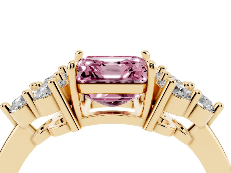 Fancy Pink Asscher Cut Diamond Solitaire Ring Set in Yellow gold with Cluster Accents on Each Side
