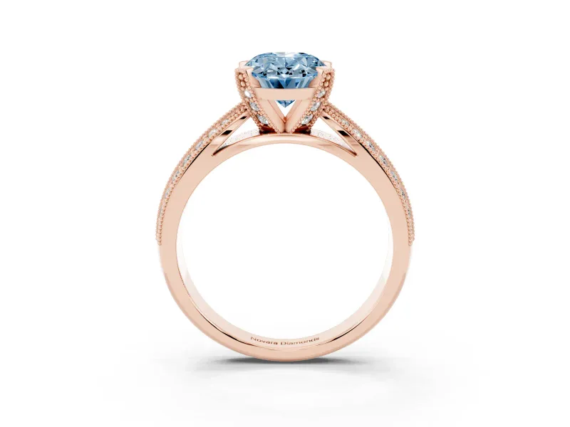Fancy Blue Oval Cut Diamond Solitaire Ring Set in Rose gold with Milgrain Double Row Round Pavé Band