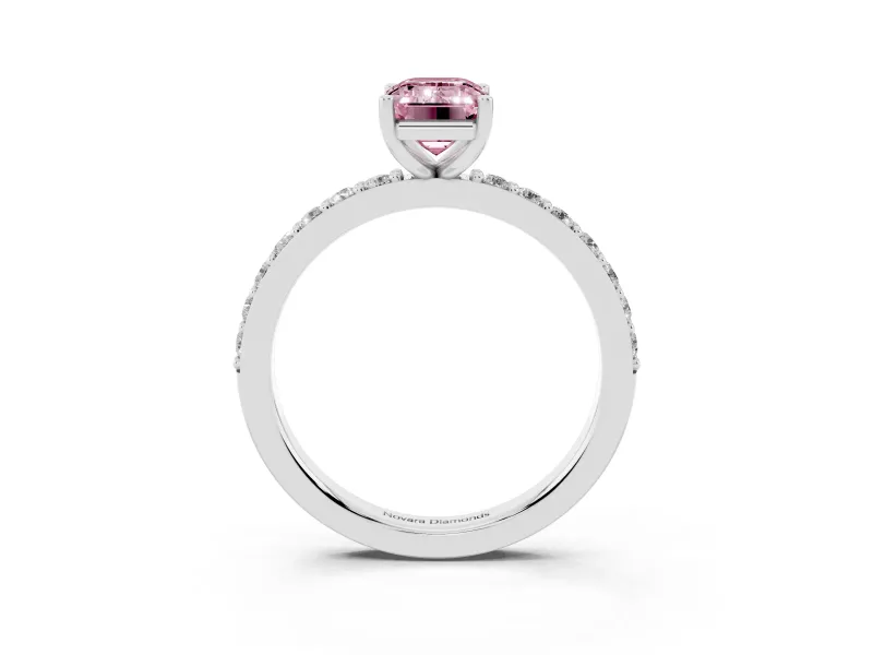 Fancy Pink Emerald Cut Diamond Solitaire Set in Platinum with Round Pavé Band and Prong Setting