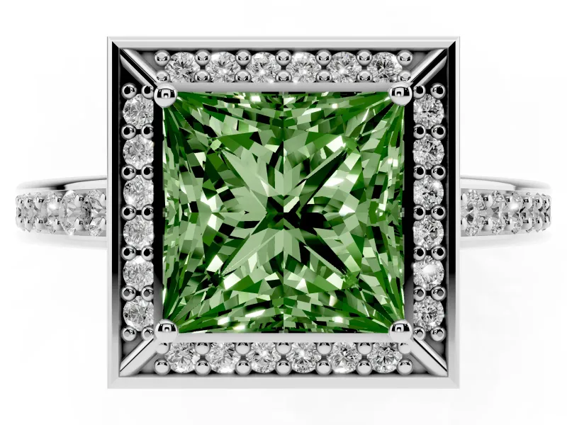 Fancy Green Princess Cut Diamond Halo Pavé Split Shank Ring Set in Silver with Prong Setting